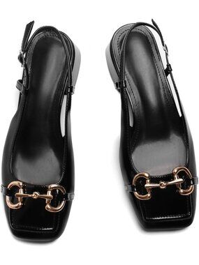 Women Patent Black Mary Jane Low Block Heel Closed Square Toe Office Dressy Shoe